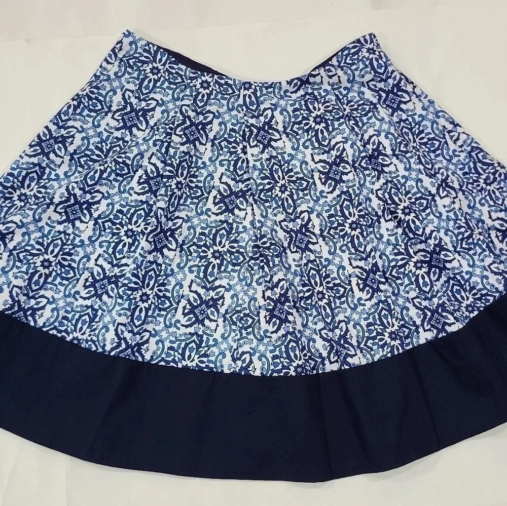 Milly Design Nation Skirt Womens Medium Blue‎ Floral Side Zip Cotton Blend